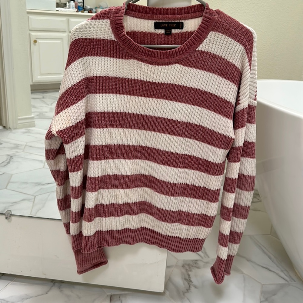 Small pink and white striped chenille sweater